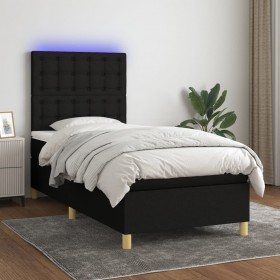 atsperu gulta ar matraci, LED, melns audums, 100x200 cm